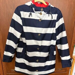 Lands' End Navy and White Striped Raincoat with Red Lining